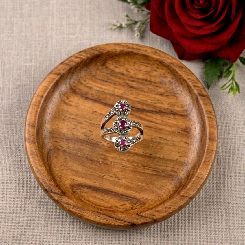 Marcasite Ruby Silver Ring